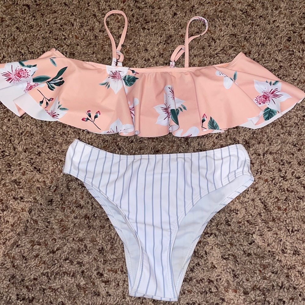 Kids Pink Floral Off-The-Shoulders Two-Piece Swim